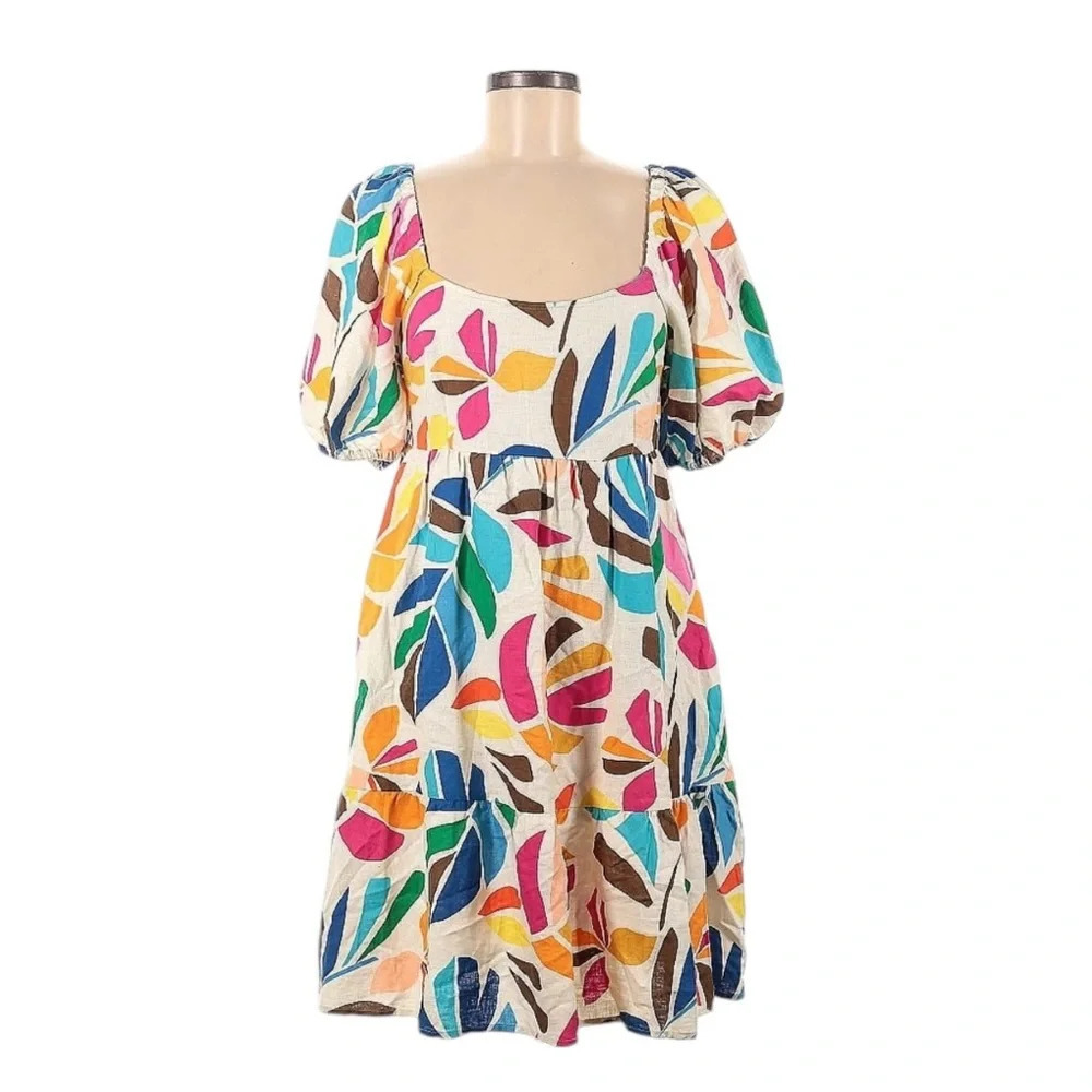 Tabitha Brown Linen Babydoll Tropical Mini Dress Pockets Size XXS